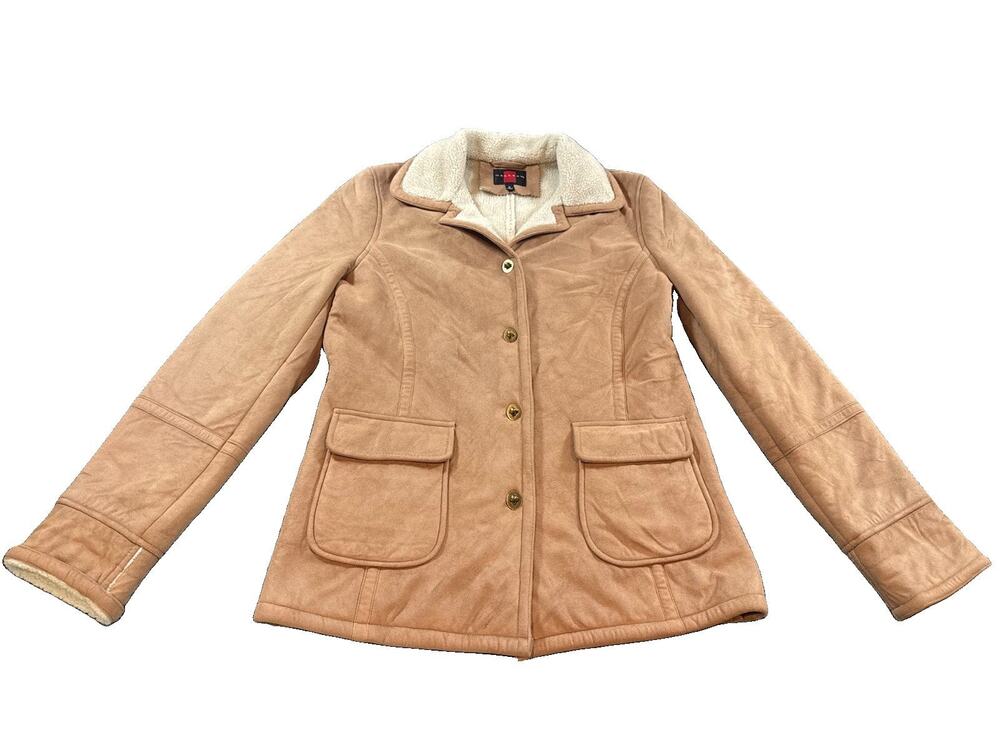 Gallery Women’s Faux Suede Sherpa Lined Coat Tan Toggle Button Jacket Size S